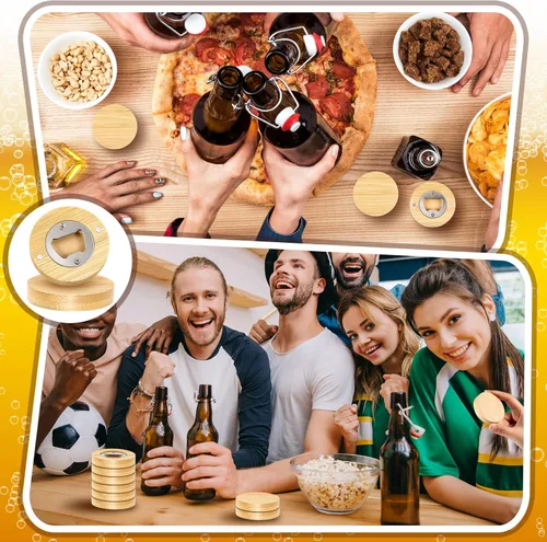 Vista 7 de Vesici 50 piezas de abrebotellas magnético de 6.35 cm DIY en forma redonda de bambú, abrebotellas de madera, imán de nevera, adhesivo