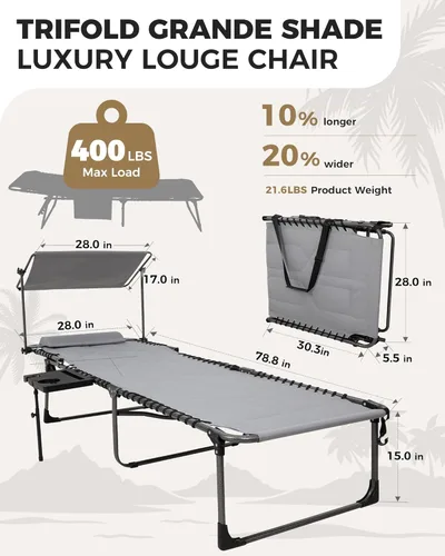 Vista 2 de KingCamp Sillas de descanso Chase acolchadas de gran tamaño, silla de bronceado plegable extra ancha, ajustable, 5 posiciones, 400 libras, tumbona