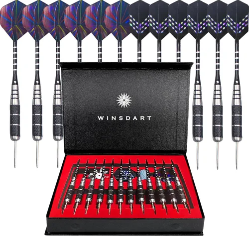Vista 11 de WINSDART Steel Tip Darts 12 Pack Set with Nonslip Iron Barrel Aluminum Dart Shafts and Flights Darts Sharpener an Gift Box