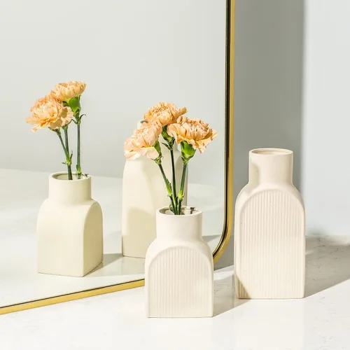 Vista 2 de Ceramic Ribbed Vases - 2 Piece Set, Small and Large Vase, Bottle Flower Planter Set. Scandi Style Home Decor. Neutral Cream Home Decor, Coastal