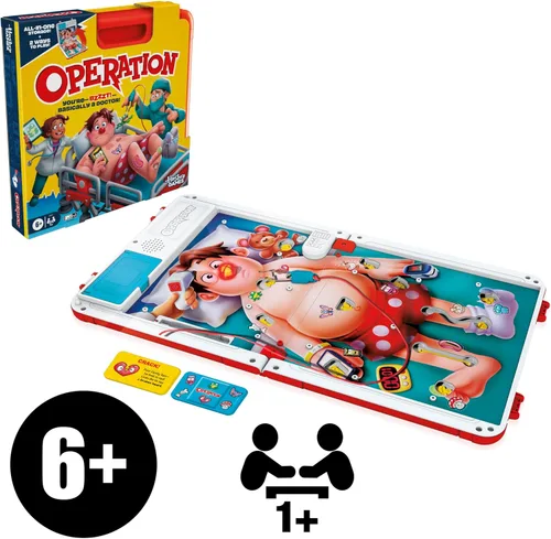 Vista 13 de Juego de mesa electrónico Operation con estuche de transporte todo en uno 2 formas de jugar para mayores de 6 años 1+ jugadores 10 minutos
