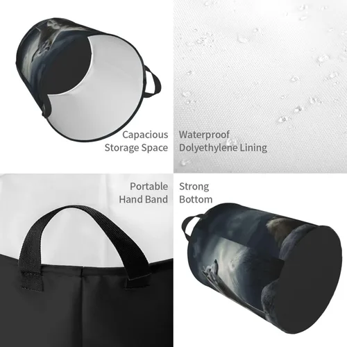Vista 4 de Cesta circular con estampado de lobo en la noche, impermeable, cesta organizadora de lavandería, con asas, para ropa, juguetes, tamaño mediano