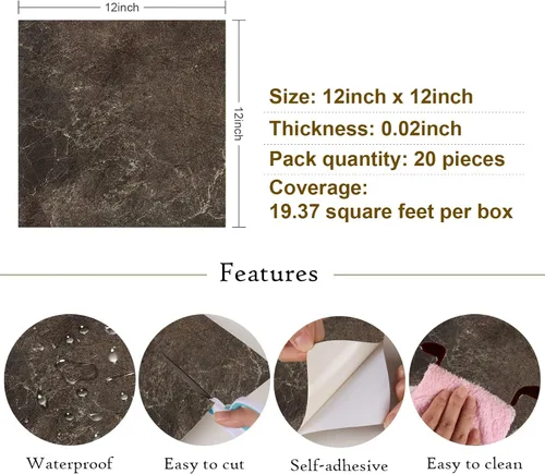 Vista 7 de VaryStyle 20 azulejos de pared de mármol marrón para despegar y pegar, azulejos de vinilo de 12 x 12 pulgadas, azulejos de baño impermeables