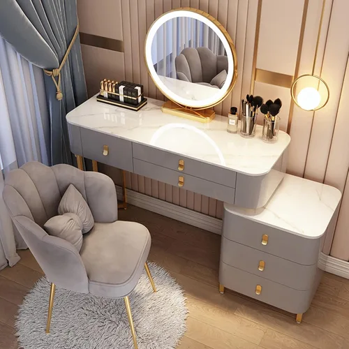 Vista 12 de Tocador, tocador de maquillaje con taburete acolchado, tocador con espejo iluminado LED y mesa auxiliar, mesa de maquillaje con 3 cajones