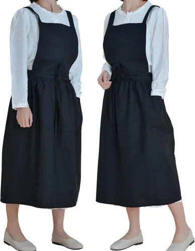 VLZUFE Delantal de lino y algodón para mujer, con espalda cruzada, con bolsillos, para trabajos de jardinería, vestido delantal, color negro