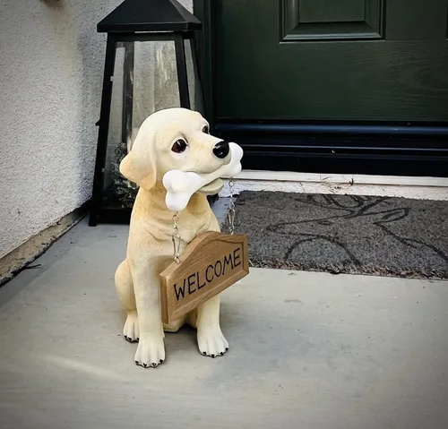 Vista 5 de Nature's Mark Labrador Retriever - Estatua de cachorro para perro con letrero de bienvenida reversible y letrero de marcha de resina, decoración