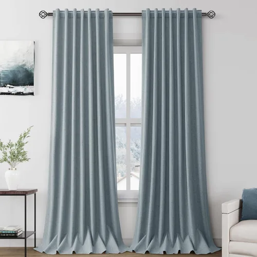 Vista 122 de Cortinas de lino verde aguamarina de 102 pulgadas de largo con pestaña trasera, bolsillo para barra, cortinas de lino opacas que absorben el sonido