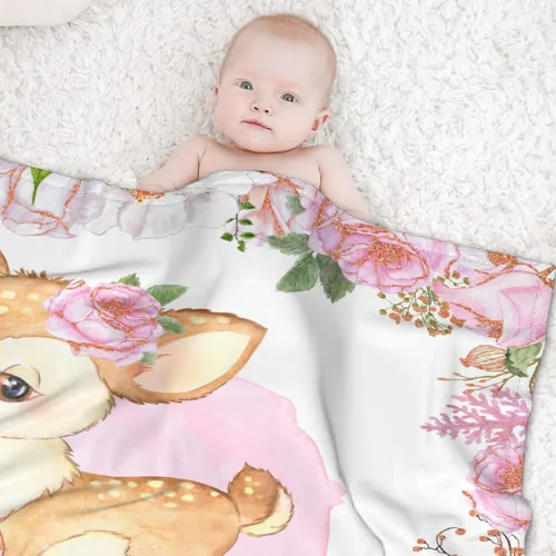 Vista 2 de Manta de bebé personalizada con ciervos florales, manta personalizada de ciervos con nombre para bebé, manta de recepción personalizada de ciervos