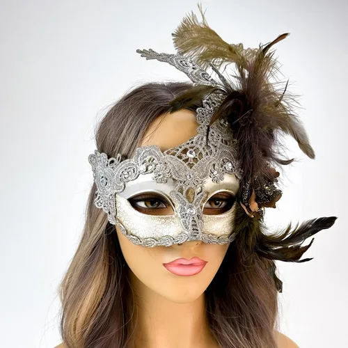 Vista 18 de Máscara de plumas burlesque, máscara de encaje de Mardi Gras para mujer, disfraz de plumas de pavo real, máscara de brocado veneciano Negro