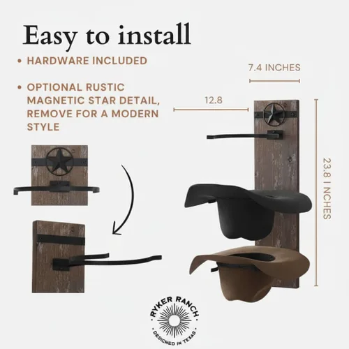 Vista 5 de Ryker Ranch Perchero de sombrero de vaquero para pared Perchero para sombreros occidentales Percha para sombreros de vaquero de madera rústica
