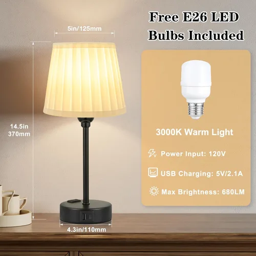 Vista 3 de Acaxin Juego de 2 lámparas de noche blancas para dormitorio, pantalla plisada blanca con puertos de carga USB, lámparas táctiles para mesita