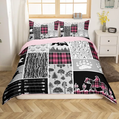 Vista 27 de Funda de edredón rústica tamaño Queen, juego de ropa de cama retro para cabaña de cabaña, oso de caza, ciervo, hojas de arce, funda de edredón