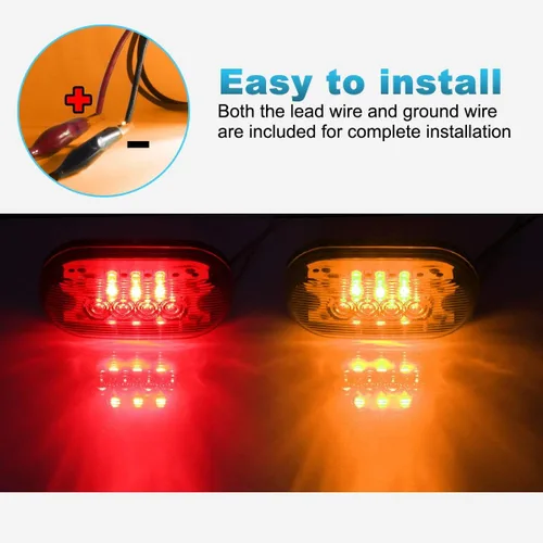 Vista 3 de Partsam 2 luces LED ámbar + 2 rojas de 12V, 10 cm x 5 cm, luz indicadora lateral ovalada para camiones, montaje en superficie, 10 diodos, luces LED