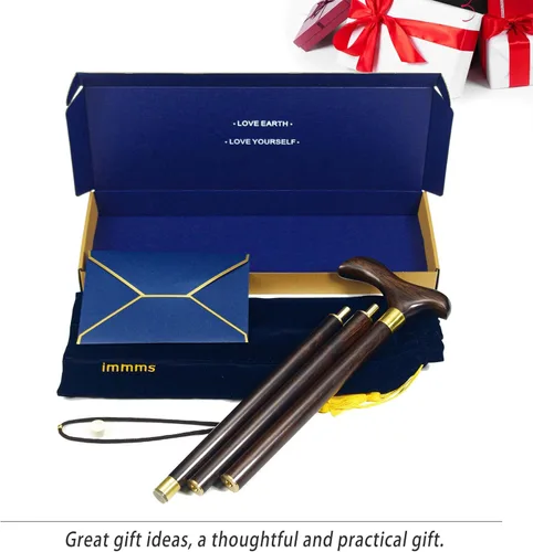 Vista 6 de Bastón plegable hecho a mano – Bastón africano de lujo para hombres – Elegante bastón de madera con detalles de latón, caja de regalo, bolsa