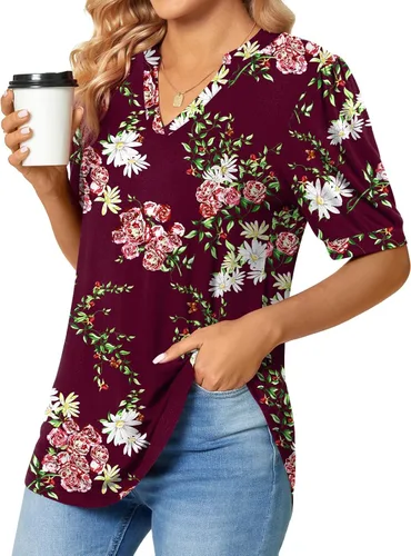 Vista 3 de Anyally Womens Summer Puff Short Sleeve Tops Dressy Casual V-Neck T-Shirts Cute Blouse for Work