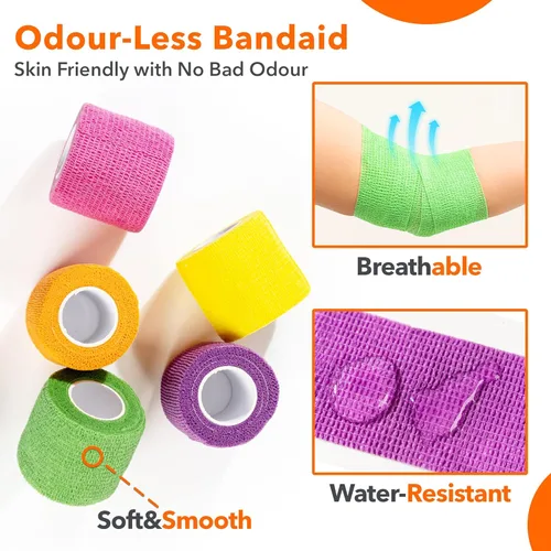 Vista 3 de Vendaje autoadhesivo de 2 pulgadas x 5 yardas, paquete de 12 vendajes cohesivos multicolores, envoltura veterinaria no tejida para perros