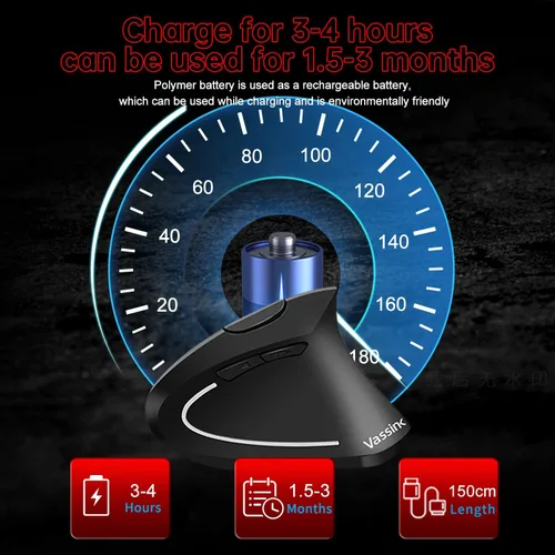 Vista 5 de Vassink Mouse ergonómico mouse inalámbrico recargable 24 GHz recargable inalámbrico vertical con receptor USB 6 botones 80012001600 DPI para laptop