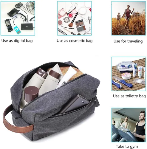 Vista 8 de Lucky Rain Neceser de viaje de lona, kits Dopp con mango de cuero genuino