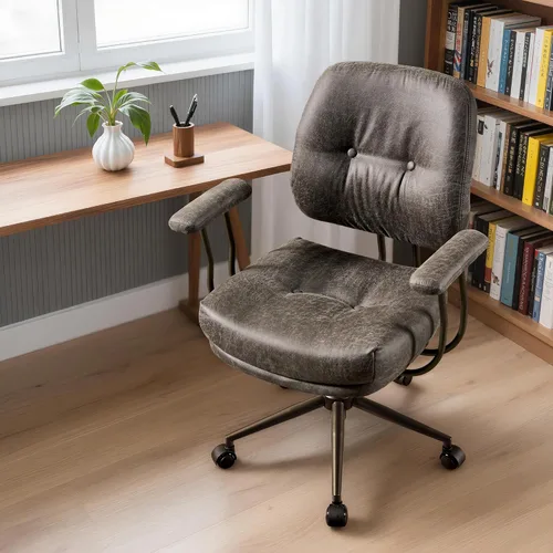 Vista 16 de Silla de oficina Mid Century Modren, silla ejecutiva giratoria con soporte lumbar, silla de escritorio ergonómica de respaldo medio con ruedas