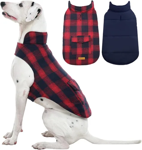 Vista 27 de Kuoser - Abrigo de invierno para perro reversible de estilo británico, abrigo de clima frío para cachorros, ropa resistente al viento, chaleco