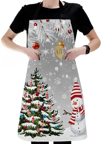 Vista 6 de Gray Snwman Christmas Bib Aprons with Pockets Waterproof, Adjustable Apron for Men Women Xmas Tree Balls Snowflake