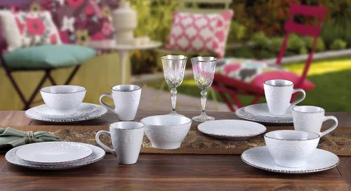 Vista 3 de Elegante y moderno juego de vajilla de gres para organizar fiestas y eventos, color blanco, 16 piezas