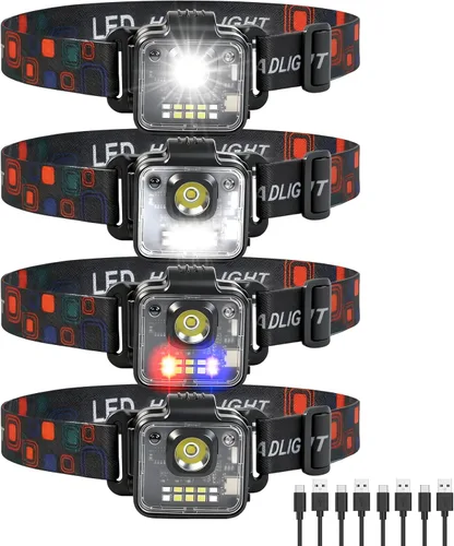 Linterna frontal recargable, paquete de 4, 3000 lúmenes, linterna frontal brillante ultraligera, linterna LED portátil desmontable con clip, 5 modos