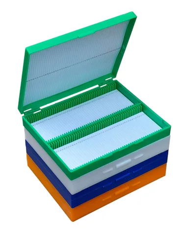 MUHWA Caja de almacenamiento de diapositivas de microscopio, soporte para diapositivas de 100 lugares, colores surtidos (azul/verde/naranja/blanco)