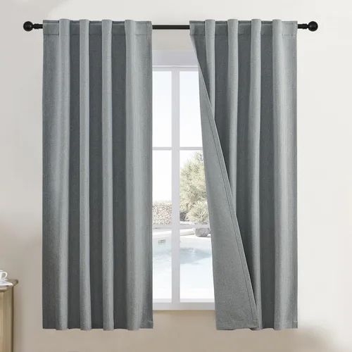 Vista 37 de DUALIFE - Cortinas de lino opacas beige de 54 pulgadas de largo, con pestaña trasera y bolsillo para cortinero, cortinas estrechas para dormitorio