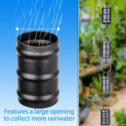 Vista 4 de RainChains Pacific - Cadena de lluvia de tres rayas de aluminio negro de 8.5 pies, cadenas de lluvia para canalones, cadena de canaleta decorativa