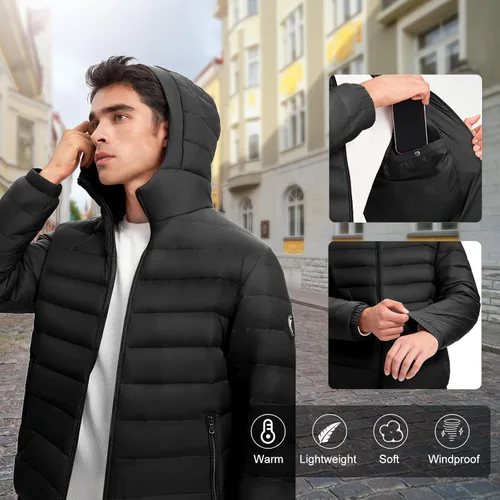 Vista 5 de BOSIDENG Chaqueta ligera para hombre, plegable, resistente al agua, con capucha, acolchada, abrigo de invierno para viajes al aire libre