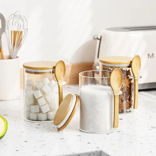Vista 6 de Tarro de vidrio para azúcar y sal, recipiente de 15 onzas transparente con tapa hermética de bambú y cuchara, para almacenamiento de avena, sal