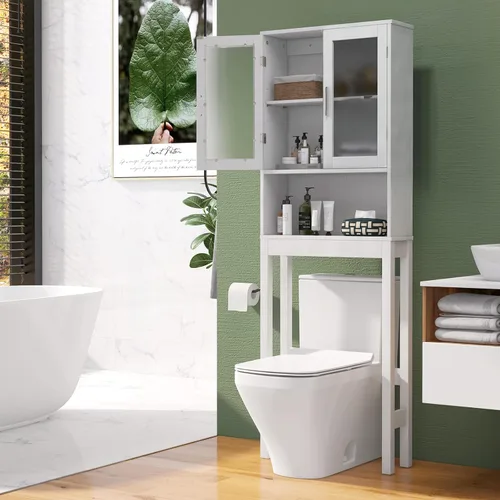 Vista 4 de Giantex Gabinete de almacenamiento sobre el inodoro, armario de baño independiente con 2 puertas de vidrio esmerilado, estante interior ajustable