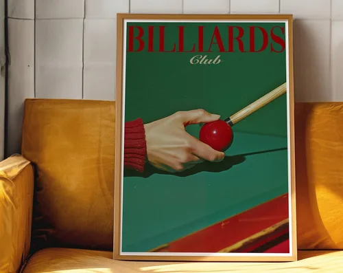 Billiards Club Retro Wall Art Print in Psychedelic 70s Style, Cue Ball and Pool Table Artwork for Living Room, Game Room or Home Office Decor