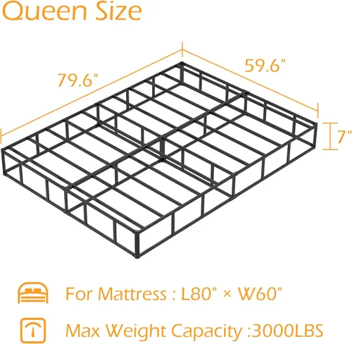 Vista 2 de Somier de 7 pulgadas para cama Queen, base de cama de metal resistente con funda de tela, base de colchón, fácil montaje, sin ruido, color negro