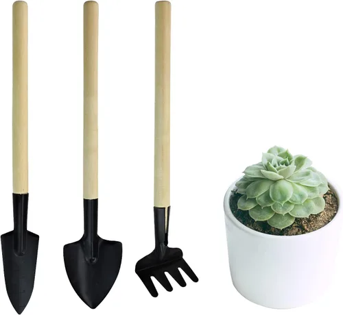Andiker Mini herramientas de jardinería, juego de 3 herramientas de mano de jardín portátiles, rastrillo de jardinería en miniatura paleta y pala