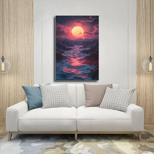 Vista 5 de Retro Futuristic Vaporwave Wall Art – Neon Synthwave Poster for Bedroom Or Studio Decor Modern Wall Prints Abstract Geometric Minimalist Art Framed