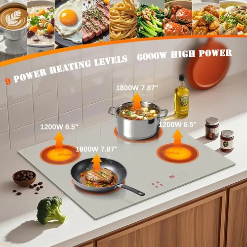 Vista 3 de Placa de Cocción Eléctrica de 24 Pulgadas - Placa de Cocción Eléctrica de 4 Quemadores Empotrada 6000W Beige-Gris, Placa de Cocción Eléctrica