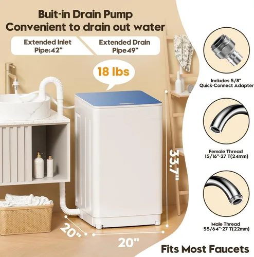 Vista 3 de Auertech Lavadora portátil de 18 libras, lavadora portátil totalmente automática con pantalla LED, 7 ciclos de lavado, 4 niveles de agua, lavadora