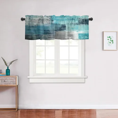 Vista 4 de Cenefas de cocina turquesa con arte abstracto para ventanas, tratamiento de ventana de granja, cenefas con bolsillo para barra, cenefa de cortina