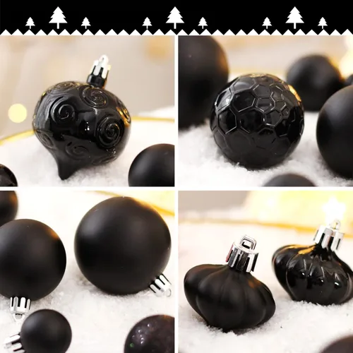 Vista 7 de Paquete de 52 adornos navideños negros irrompibles para árbol de Navidad y estrella superior - Para decoración navideña