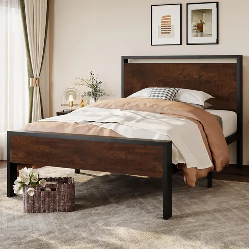 Vista 12 de SHA CERLIN Estructura de cama de plataforma de metal de 14 pulgadas tamaño Queen con cabecero y piecero de madera, base para colchón, no necesita