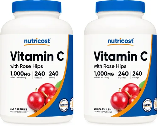 Vista 10 de Nutricost Vitamina C con escaramujos, 1025 mg, 240 cápsulas, vitamina C 1,000 mg, rosa cadera, 25 mg, premium, sin OMG, suplemento sin gluten