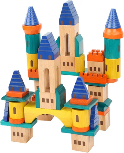 Xylolin Juego de bloques de construcción de castillo de madera, juguete de bloques apilables de madera de haya maciza grande, juego de construcción