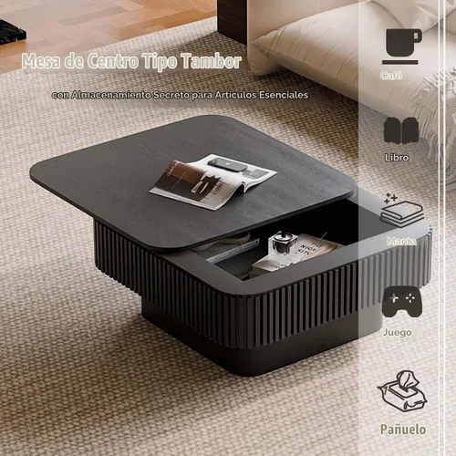 Vista 5 de Mesa de café cuadrada pequeña con almacenamiento, mesa de café moderna de madera con chapa de madera maciza, mesa central estriada