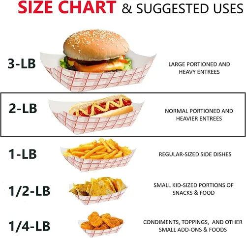 Vista 8 de Bandejas de papel para alimentos, papel a cuadros rojo y blanco. Mediano (2 libras). Paquete de 50 botes desechables y reciclables. Para