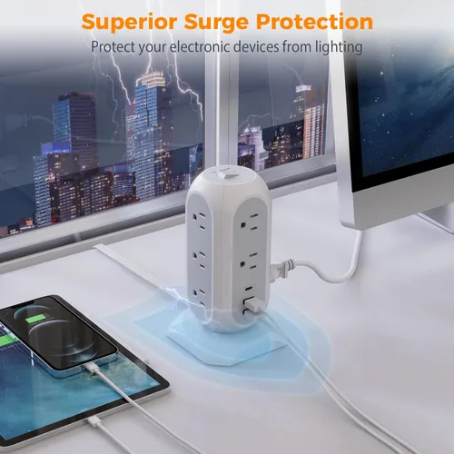 Vista 6 de TESSAN - Torre de regleta con protección contra sobretensiones, cable de extensión de enchufe plano de 6 pies con múltiples tomas, 3 puertos USB