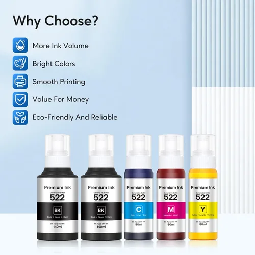 Vista 2 de Botas KOTANG de alta capacidad de recarga de tinta 522 (5 botellas) Reemplazo para tinta 522 Compatible con impresoras ET-2400, ET-2720, ET-2800