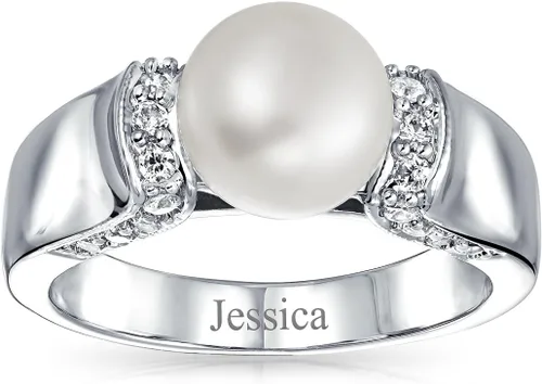 Vista 4 de Bling Jewelry Art Deco Style Pave CZ Solitaire White Freshwater Cultured Pearl Engagement Ring For Women Silver Plated Brass
