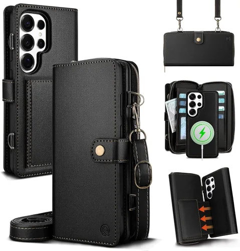 Funda tipo cartera para Samsung Galaxy S25 Ultra, funda tipo cartera multifunción, desmontable 3 en 1 magnética para Galaxy S25 Ultra, funda con